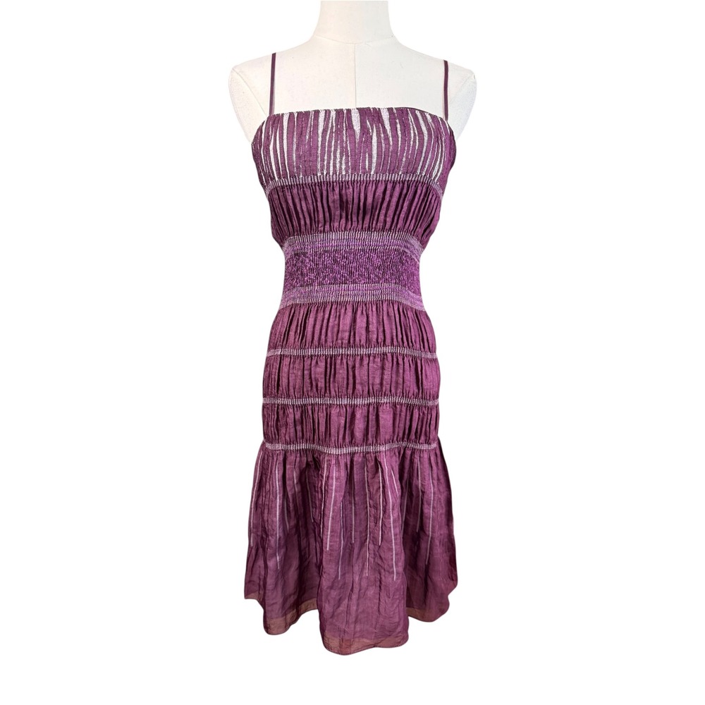 Max Studio Plum Purple Smocked Tiered Crinkle Midi Dress Large AS03V62